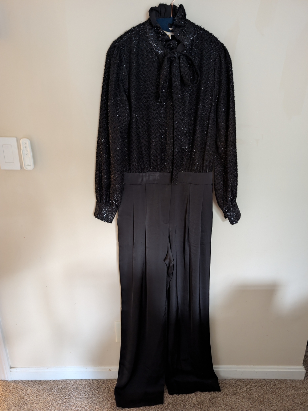 NWT MICHAEL Michael Kors Black Metallic Clip Jacquard Satin Tie Neck Jumpsuit 0
